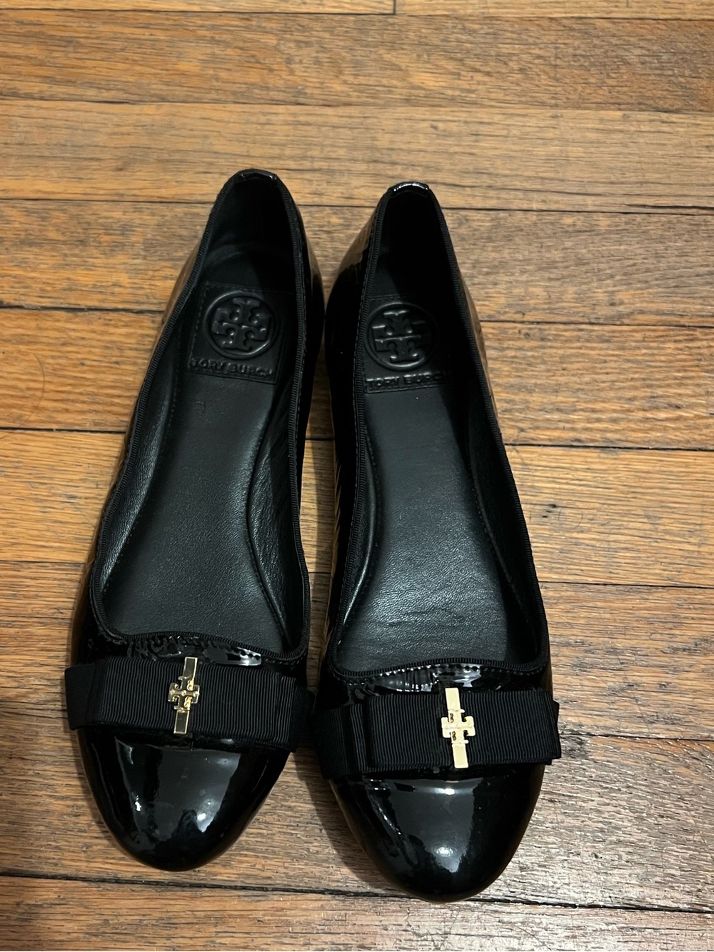 Tory Burch Black Patent Bow Ballet Flats with Gold Logo